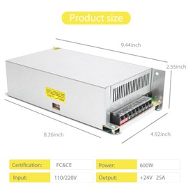 24V 25A Switching Converter, Switching Power Supply, AC/DC Voltage Regulator, AC 110V/220V to DC 24V 25A 600W Transformer Power Adapter Converter for LED Strip, LED Display, 3D Printer