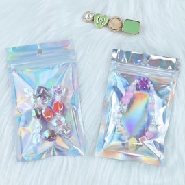 100 Pack Holographic Resealable Plastic Bags for Food Storage, Zipper Bags with Clear Front Window, Packaging Pouch for Small Business (100 Pack, 3.6x6.4 inch)
