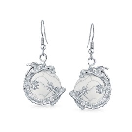 Fashion Statement Rainbow Gemstones Crystal Opalite Translucent Ball Hanging Ball Asian Dragon Earrings for Women Teenagers Silver-Plated Fish Hook, Gemstone, silver, Howlite