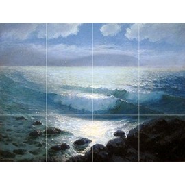Moonlight Seascape Waves sea by Lionel Walden-Kahala Tile Mural Kitchen Bathroom Wall Backsplash Behind Stove Range Sink Splashback 4x3 4" Marble, Matte