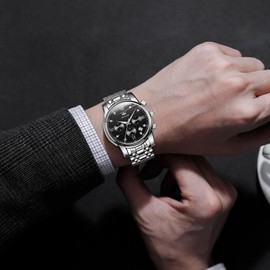 OLEVS Chronograph Watches for Men Roman Numerals Black Dial Diamond Watches for Men Big Face Silver Stainless Steel Watches Men Fashion Classic Luminous Waterproof with Date Mens Watches