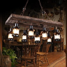 A Million Retro Farmhouse Wood Chandelier, 8-Light Industrial Chandelier Light Fixture with Seeded Glass Shades, 38" Rectangle Pendant Chandeliers for Dining Room, Kitchen Island