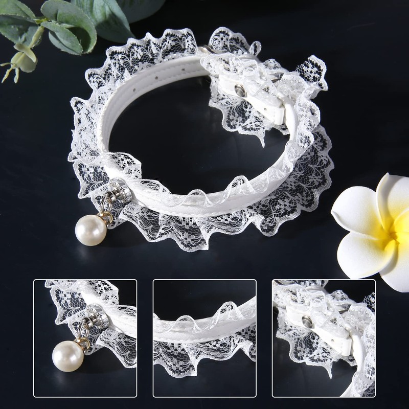 Coollooda Cat Collar, Cat Collar, Lace, White, PU Leather, Cute,