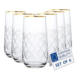 Biandeco Crystal Cut Gold Rimmed Highball Glasses Set of 6, Handmade Tall Glass Cups for Cocktail, Long Drink, Water, Juice, Ice Tea, Mojito, 16 oz