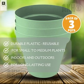 AKH® Pflanztöpfe Indoor & Outdoor | 13 cm | 3 Stück | Kunststoff Blumentöpfe mit Drainagelöchern | Dekoratives Selbstbewässerndes Pflanzgefäß Set (Mint, Klein)