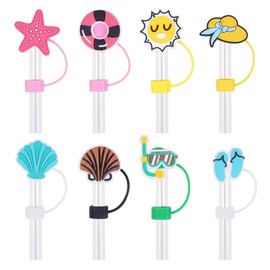 Silicone Straw Covers Cap for Tumblers 30oz 40oz, 0.4 Inch/10mm 8PCS Cute Butterfly Flower Cup Accessories Reusable Drinking Straw Toppers Tips Lids (Shell Sun Slippers Eyeglasses Star)