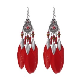 Red fashion round bohemian long feather earrings