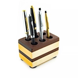 Wooden Block Pen Holder Stand Artisan Handcrafted Walnut & Maple Wood 6 Lg Holes