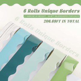 EggSun 6 Rolls 206.69ft Boho Bulletin Board Decorations, Bulletin Board Borders Roll for Classroom, Scalloped Trim Green Borders for Back to School Theme Classroom Office Decor Supplies (Green)