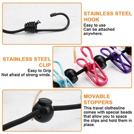 Wenrescry Clothes Airer Camping Elastic Washing Line for Camping and Travel, Camping Accessories - 4M Retractable Travel Washing Line with 12 Clothes Pegs for Outdoor, Holiday and Dorm