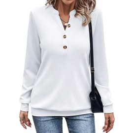 EADINVE Womens V Neck Long Sleeve Sweatshirts Half Button Lightweight Pullover Fashion Fall Clothes White