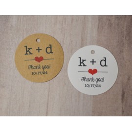 Mini Thank You 1.5" Round Small Label Tags - Custom Wedding Favor & Gift Tags, WEddings, Bridal Shower, Baby Shower, White or Kraft Brown, Initials (25 tags)