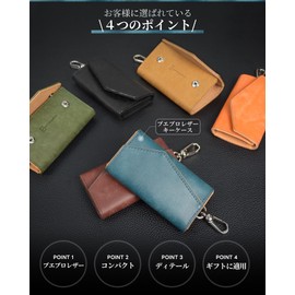 Kawaoto Men's Key Case, 4 Hooks, Pueblo Leather, Made in Japan, Genuine Leather, 2 Cards, 1 Bill, Carabiner, Key Case, Multi-functional, Slim, Gift, Christmas, red brown