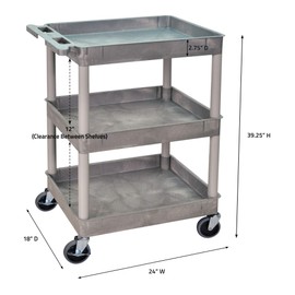 Luxor/H.Wilson Three Shelf Rolling Industrial Utility Tub Cart with Handle, Gray, 24 in W x 18 in D x 39.25 in H