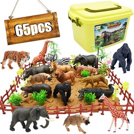 65PCS Safari Animals Figures Toys, Realistic Plastic Jungle Zoo Wild Animals with Fence Building Blocks Storage Box Christmas Birthday Gift for Kids 3-8