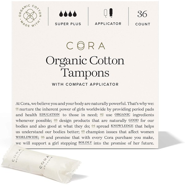 Cora Organic Tampons | Super Plus Absorbency | 100% Cotton Core, Unscented with BPA-Free Applicator | Leak Protection, Easy Application | Non-Toxic, Hypoallergenic, Comfortable (36 Count)