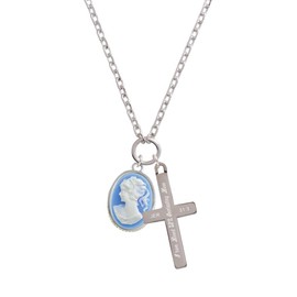 Delight Jewelry Silvertone Small Blue Oval Cameo - Everlasting Love Engraved Cross Zoey Necklace, 28"