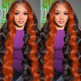 ROOMOOD 13x6 Lace Front Wigs Human Hair Pre Plucked 200% Density 13x6 Ginger Highlight Body Wave Wig For Women Ginger Colored Human Hair Highlight Ombre Lace Front Wig Human Hair Glueless Wigs