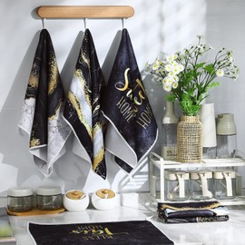 Bencailor 6 Pcs Marble Kitchen Dish Towels Gold Marble Bathroom Hand Towels Absorbent Tea Washcloths Kitchen Gifts for Farmhouse Bathroom Summer Decorations, 24 x 16''(Black and Gold)