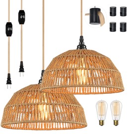 Plug in Pendant Light, Farmhouse Hanging Chandelier Lights with 15ft Golden Cotton Cord, Ceiling Lamp with Dimmable Switch, for Kitchen Island Living Room-2 Pack (Bulb & 4 Swag Hooks Included)
