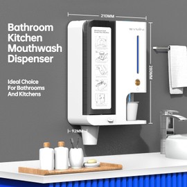 3-in-1 Wall Mounted Mouthwash Dispenser, Touchless Auto Mouthwash Dispenser 1000mL with Disposable Cup Holder & Floss Storage, Rechargeable Bathroom Container, No Drill Wall Mount for Home Bathroom