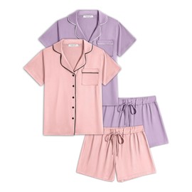 Ekouaer 2 Pack Womens Pajamas Set Button Down Summer Sleepwear Short Sleeve Comfy Pjs Loungewear Set(GP10,M) Lilac/Pink