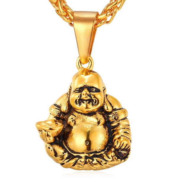 U7 Men Amulet Buddhism 18K Gold Plated Laughing Buddha Pendant