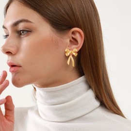 HESSAWELL Gold Bow Earrings Gold Long Bow Dangle Earrings for Women Party Fashion Jewelry Christmas Xmas Santa Gift
