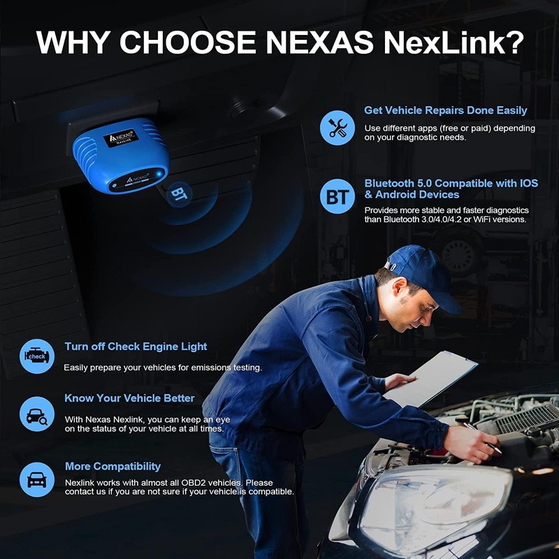 NexLink Bluetooth OBD2 Scanner Check Engine Light Code Reader with