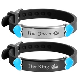 WEIZHUANG 2pcs/set Herat matching couples bracelets his queen her king Grow in the Dark English letter stainless steel silicone bracelet Valentine’s Day gift