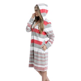 Aquarti Women's Terry Towelling Dressing Gown Striped with Hood, coral