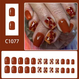 24Pcs Fall Red Press on Nails Short Square Fake Nails with Maple Leaf Design Autumn False Nails Glossy Stick on Nails Full Cover Artificial Glue on Nails Thanksgiving Nail Supplies for Women Manicure