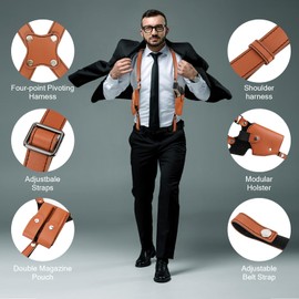 Shoulder Holster General Vertical Gun Holster Adjustable PU Leather for Concealed Carry with Double Magazine Pouch - Fit 1911, Glock 17/19/23 and Most Kinds of Pistols- for Right Hand use