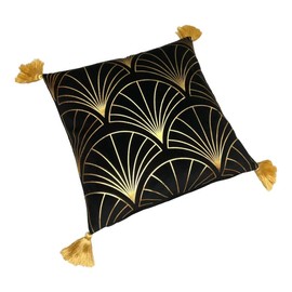 Moroccanity Art deco black velvet gold cushion cover with tassels, art deco pillow, gold black cushion cover, velvet pillowcase, 43x43cm