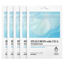 SKIN627 Hyaluron with Cica Toner Pad | Korean Facial Sheets with 6 Types of Hyaluronic Acid and Centella Asiatica | Deep Hydration and Soothing Care | 10 Pads x 5 Pack