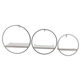 Sagebrook Home Set of 3 Round Wall Shelves - Metal & Wood Floating Storage - Modern Home Decor for Living Room, Bedroom, Office - Sturdy Iron Frame, Plywood Shelf - 16" 14" 12" - Silver Metallic