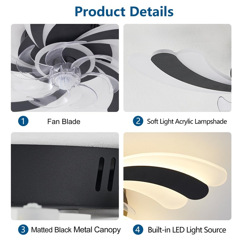 Dalouguan Ceiling Fan with Lights Remote Control, Black Modern Ceiling