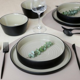 Stone Lain Elica 12-Piece Modern Dinnerware Set Stoneware, Plates and Bowl Sets for 4, Beige and Black