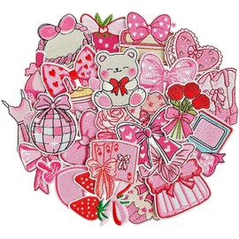 Parches termoadhesivos para niñas, lindos parches termoadhesivos preppy femeninos, parches bordados de fresa, lazo, corazón y rosa para ropa, mochilas, calcetines, jeans, sombreros y manualidades DIY