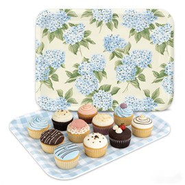 2 Pcs Hydrangea Flower Serving Trays Melamine Platter Spring Summer Blue Plaid Floral Serving Dishes for Party Sharing Snack Fruit Dessert Supplies, 10 x 13 Inch