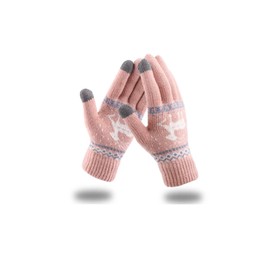 Cute Touch Screen Gloves for Smartphones for Christmas with Reindeer Printing, Cold Winter Soft Cashmere Knitted Gloves (Pink), One Size