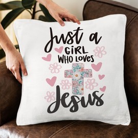 QROZIAR Vintage Christian Pillow Covers, Pink Just A Girl Who Loves Jesus Decorative Throw Pillow Covers 18x18, Christian Gift for Women Girls, Religious Room Decor Pillow Cases for Home Bedroom Couch