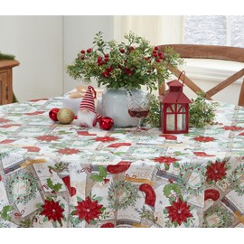 Newbridge Merry Christmas Stocking Holiday Vinyl Flannel Backed Tablecloth - Noel Christmas Wreath, Festive Seasons Greetings Print Wipe Clean Easy Care Xmas Tablecloth, 60” x 84” Oval