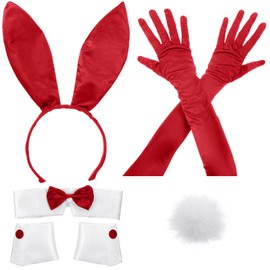 Zhanmai Bunny Costume Set Including Bunny Ear Headband, Cuffs and Bunny Tail Accessory for Easter Party(Red)