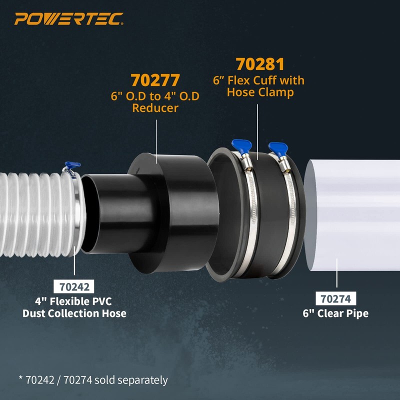 POWERTEC 70362 Dust Collection Reducer 6" OD to 4" OD