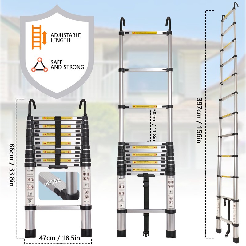 10.5FT Telescoping Ladder with 2 Hooks,11 Step Ladder,330LB Load Capacity,Portable