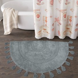 Boho Bathroom Rugs Half Circle Cotton Bath Mat with Tassels Hand-Woven Bohemian Rugs with Rug Non Slip Pad Washable Bath Rugs for Bathroom, Shower, Tub 20"x32", Half-Circle Grey