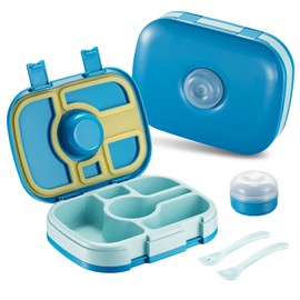 WIDODIO Brotdose Kinder mit Fächern, BPA-Frei, Lunchbox Kinder mit 5 Unterteilung und 1 Separaten Saucenbox & Kindergeschirr, Bento Box kinder Auslaufsicher ideal für Kindergarten & Schule(Blau)
