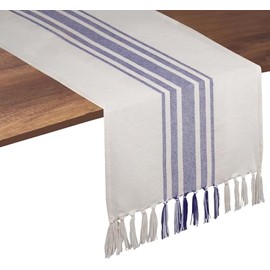 Camino de mesa Native Fab de algodón puro de 228 cm de largo – Camino de mesa de boda con flecos, fiestas, decoración rústica de despedida de soltera, decoración de mesa de comedor, 14 x 90 cm, color azul y blanco