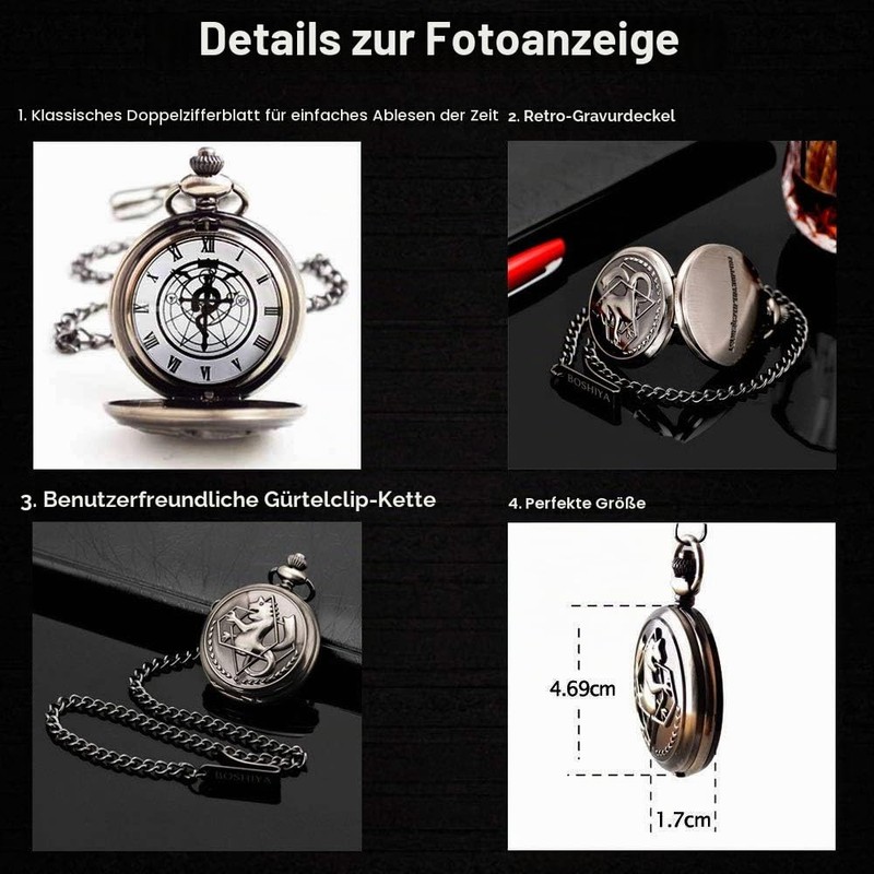BOSHIYA Men's Pocket Watch Fullmetal Alchemist Vintage Steampunk Quartz Pocket